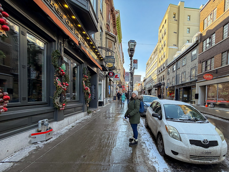Lina Stock walking on the streets of Quebec City in Winter