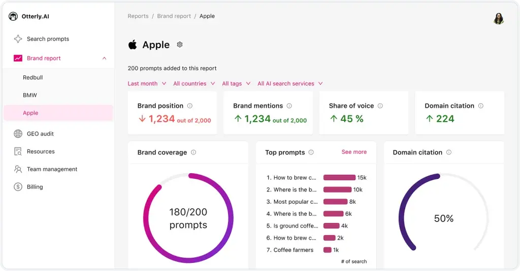 a screenshot of Otterly.ai’s aeo visualization tool, showcasing how answer engine optimization tools function