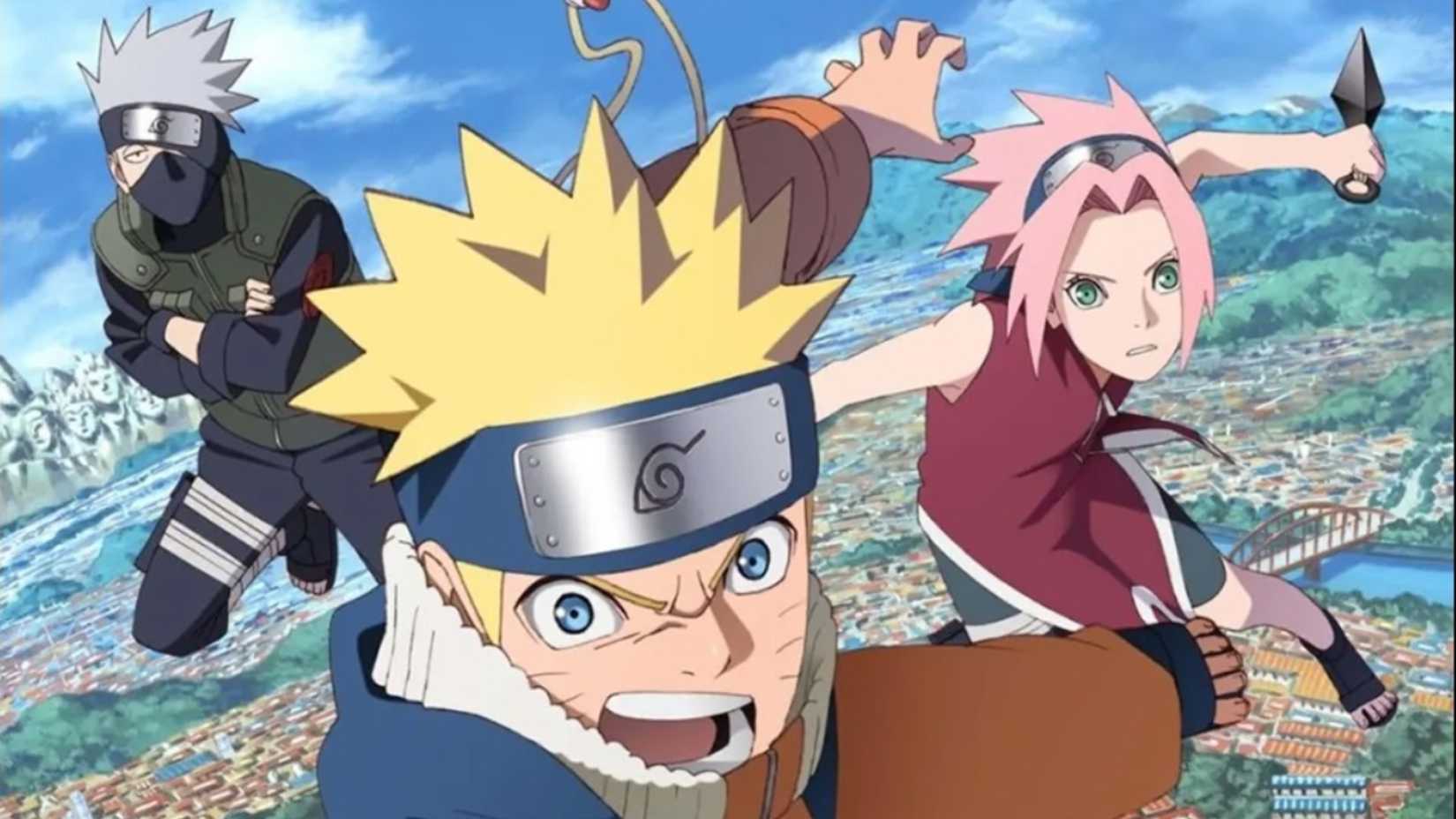 Naruto berdiri tegak dan berteriak kepada Sakura dan Kakashi di belakangnya.